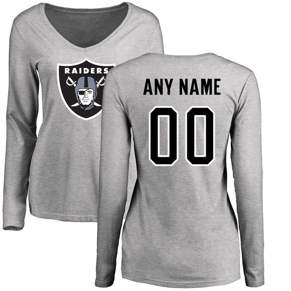 Women Oakland Raiders NFL Pro Line Ash Custom Name and Number Logo Slim Fit Long Sleeve T-Shirt